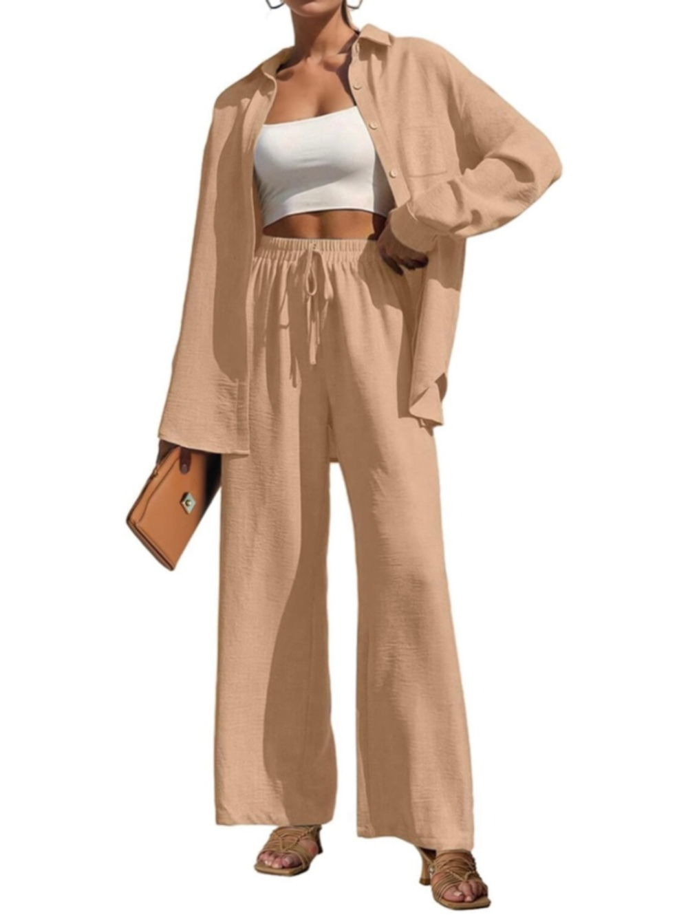 LEPUNUO Khaki Color Wide Leg Pants/Top Two Piece Set Size L